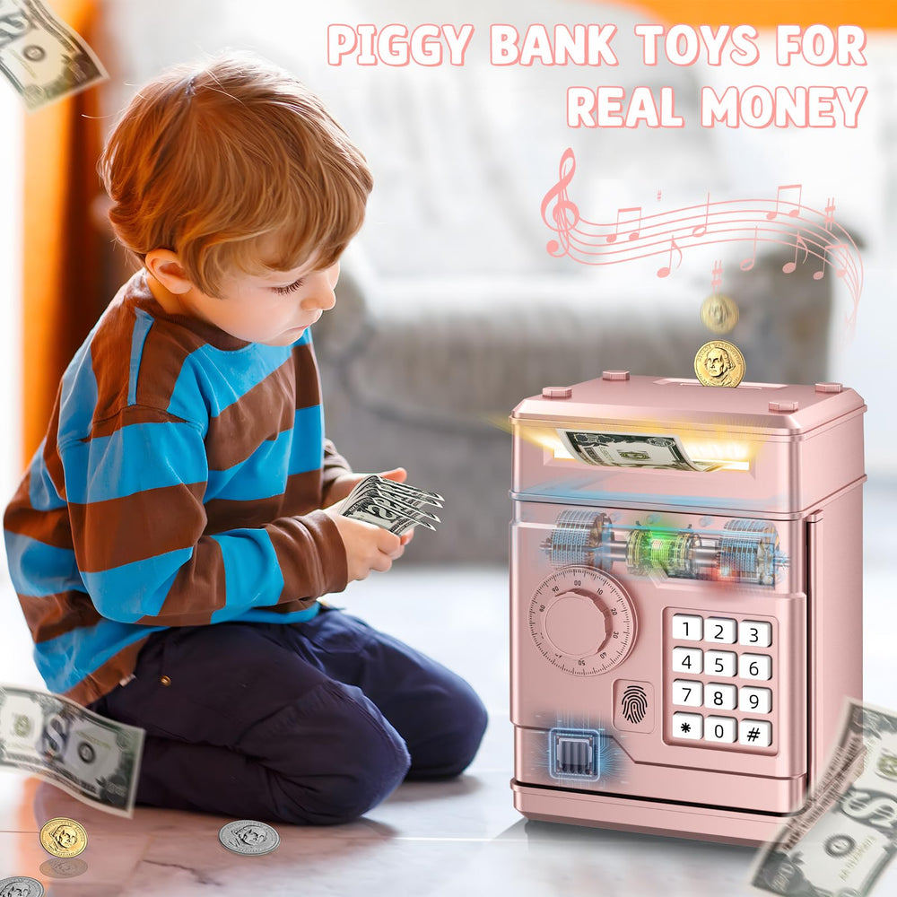 NAFEIV Piggy Bank rose gold open chamber for quick deposits.