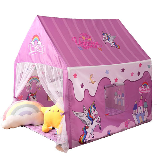 Naibrxh Princess Unicorn Castle Playhouse shown indoors and outdoors with magical ambience for imaginative play