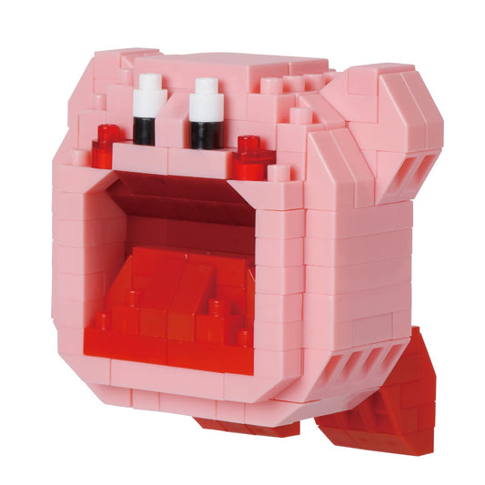 Nanoblock Kirby inhaling figure shown for compact desk display and collection.
