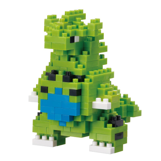 Nanoblock Pokémon Tyranitar figure close-up highlighting tiny 4mm bricks for detailed build.