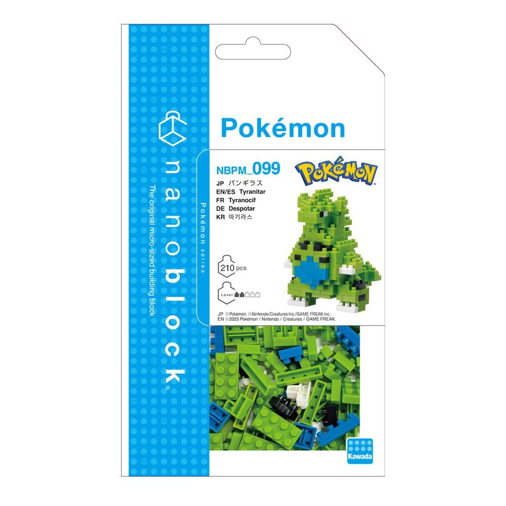 Nanoblock Tyranitar display box included for authorized Kawada product branding.