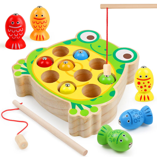 NAODONGLI magnetic wooden frog fishing game for toddlers with colorful fish.
