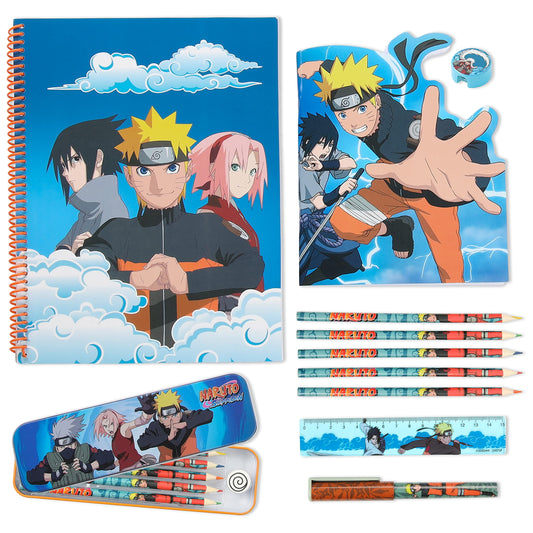 Naruto stationery set with notebooks and tin case for organized study.