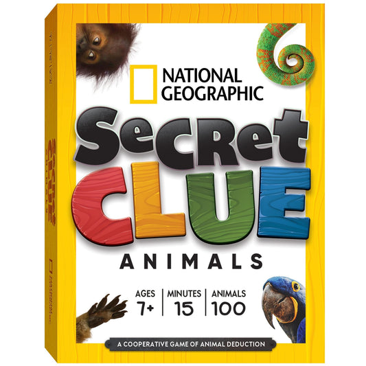 National Geographic Secret Clue Animals game packaging shown for family play and durability