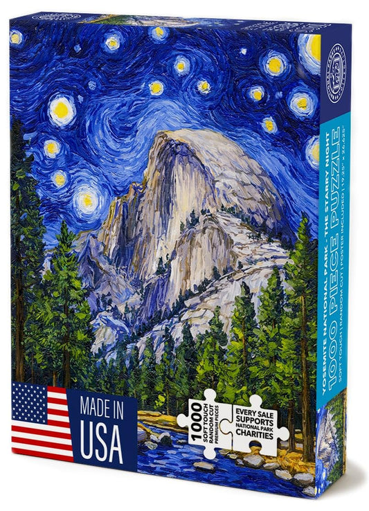 National Parks Collective Yosemite puzzle with Starry Night swirls, ideal for cozy evenings