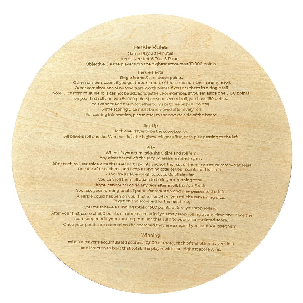 NatldGs Farkle dice tray back shows engraved rules for beginners.