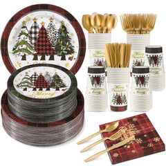 NatNarr 350pc Christmas set with buffalo plaid tree pattern for easy holiday party setup.