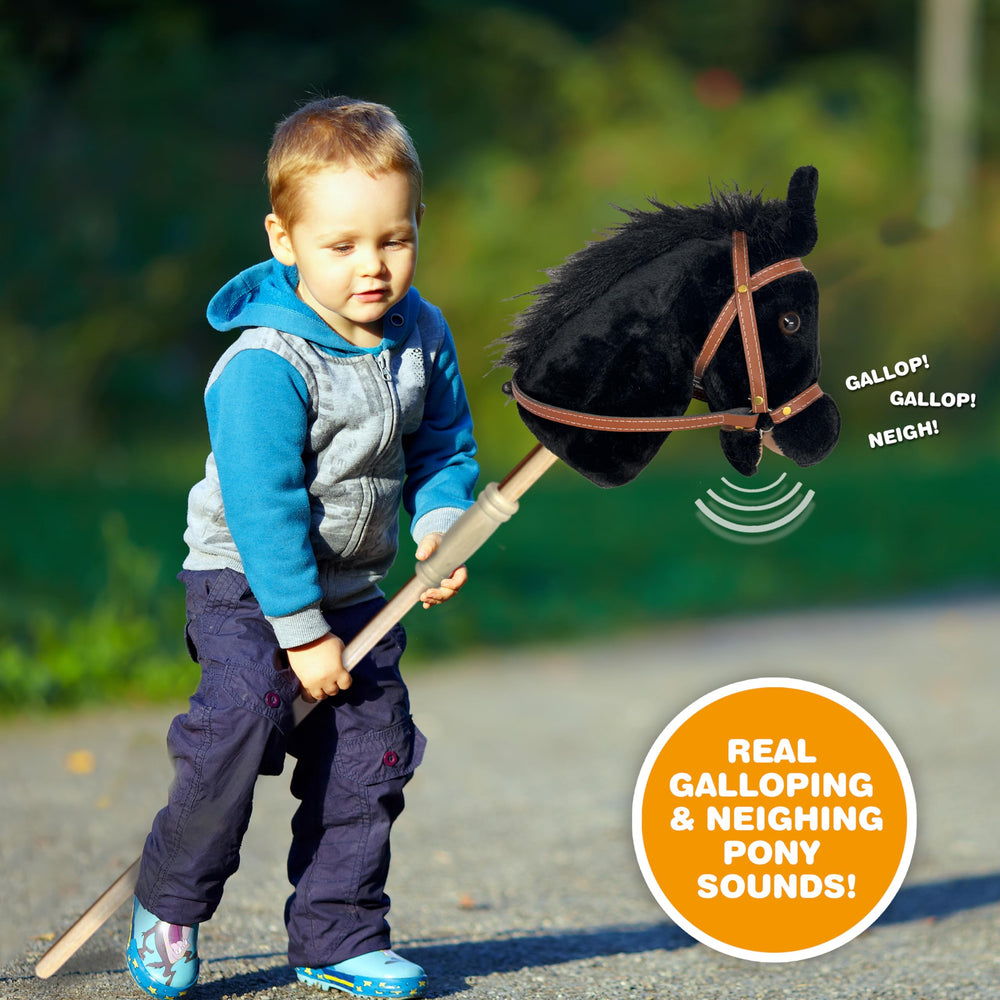 Nature Bound stick horse child playing scene promoting movement and imagination.