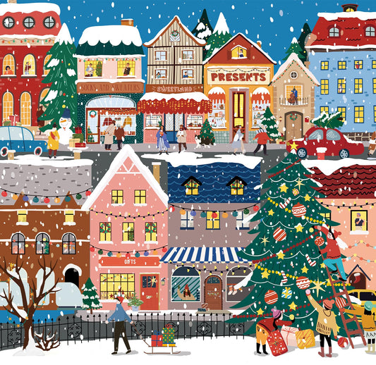 Naturelish Christmas puzzle box front showing a festive village scene for family fun.