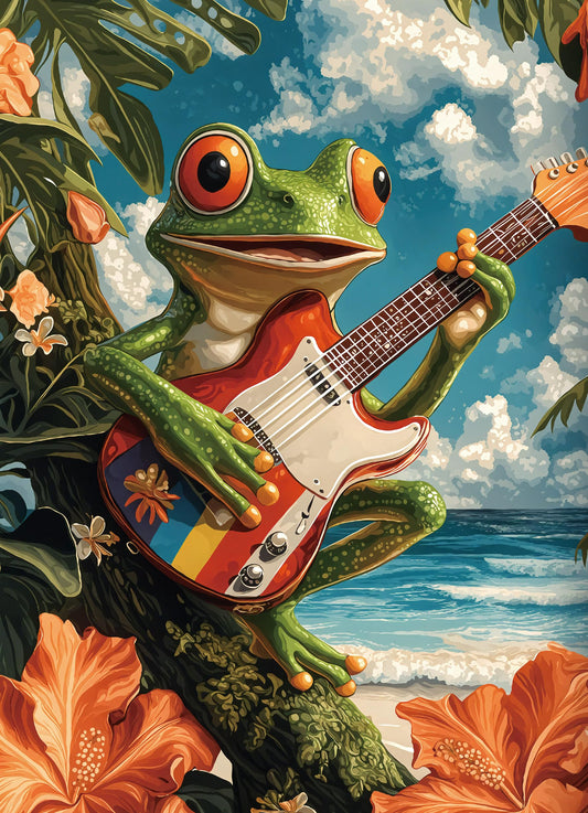 Naturelish guitar frog puzzle: vibrant frog playing instrument in a tropical scene for engaging family fun