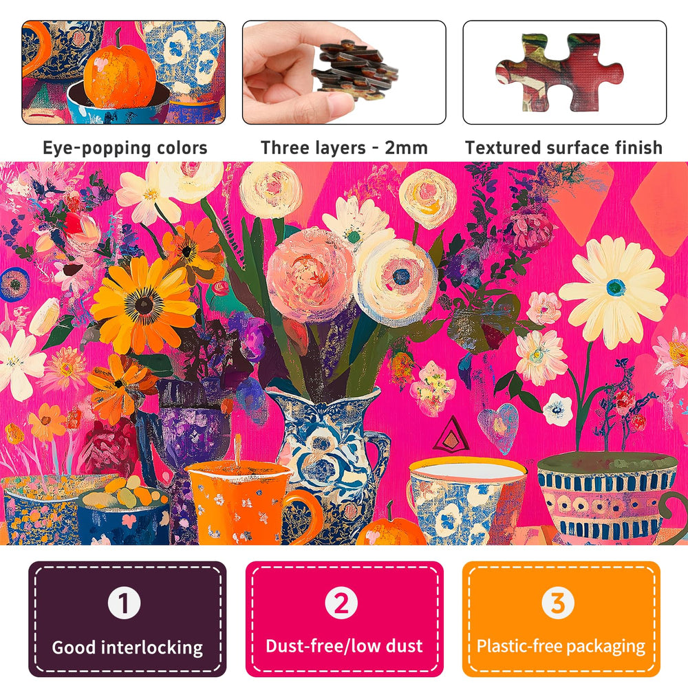 Naturelish puzzle highlights vases and blossoms with vibrant colors for a cozy evening