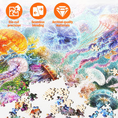Naturelish jellyfish puzzle reveals glowing jellyfish in a tranquil underwater scene for mindful leisure