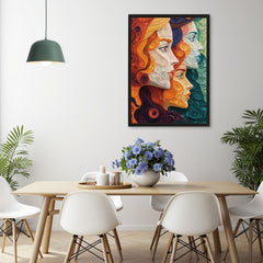 Naturelish vibrant female portrait puzzle shown on living room shelf.