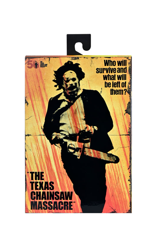 NECA Leatherface 7-inch figure, display-ready for collectors seeking retro horror memorabilia.