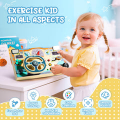 Neikko Busy Board alphabet on back supports colorful letter recognition.