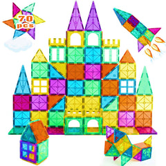 NEOFORMERS STEM magnetic tiles 70-piece box shows a safe, hands-on learning kit for ages 3–8.