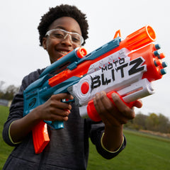 Nerf Elite 2.0 Motoblitz outdoor play suitable for ages 8 and up.