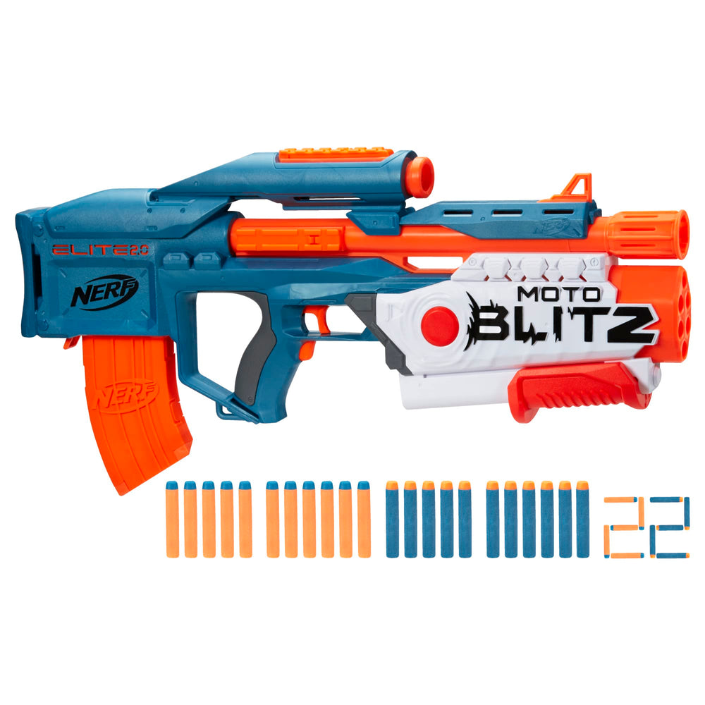 Nerf Elite 2.0 Motoblitz blaster with scope for precise aiming outdoors.