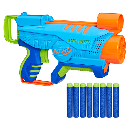 NERF Elite Junior Explorer front view, compact and kid-friendly for outdoor play.