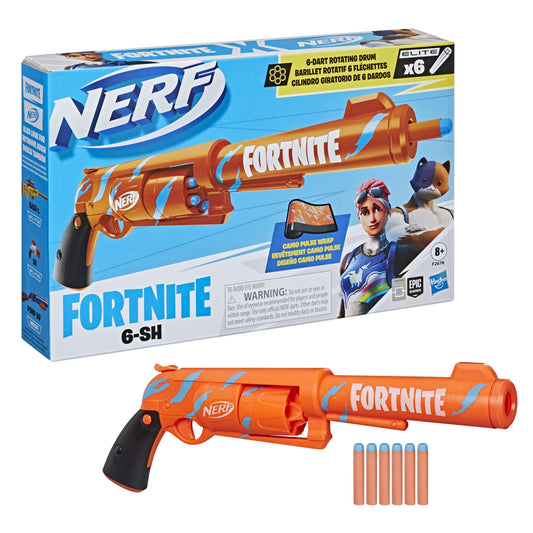Nerf Fortnite 6-SH blaster with camo pulse wrap for immersive indoor battles.