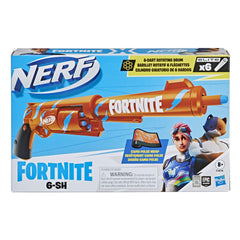 Nerf Fortnite 6-SH rotating drum holds six darts for rapid rounds.