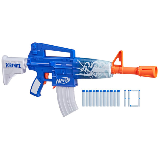 Nerf Fortnite Blue Shock Blaster front view ready for indoor or outdoor play