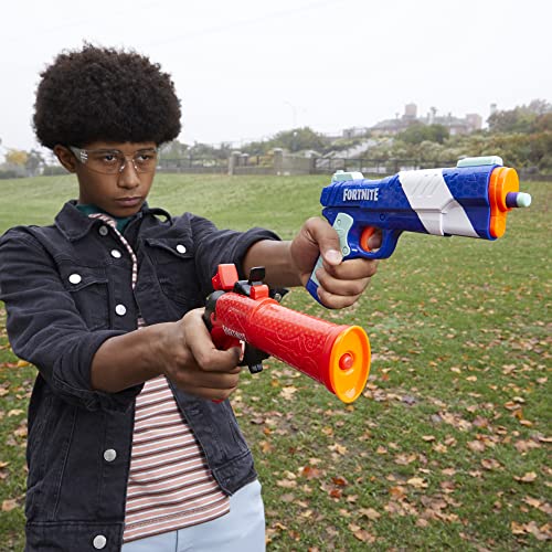 Nerf Fortnite LP blaster close-up highlighting tensioning slide and single-dart fire.