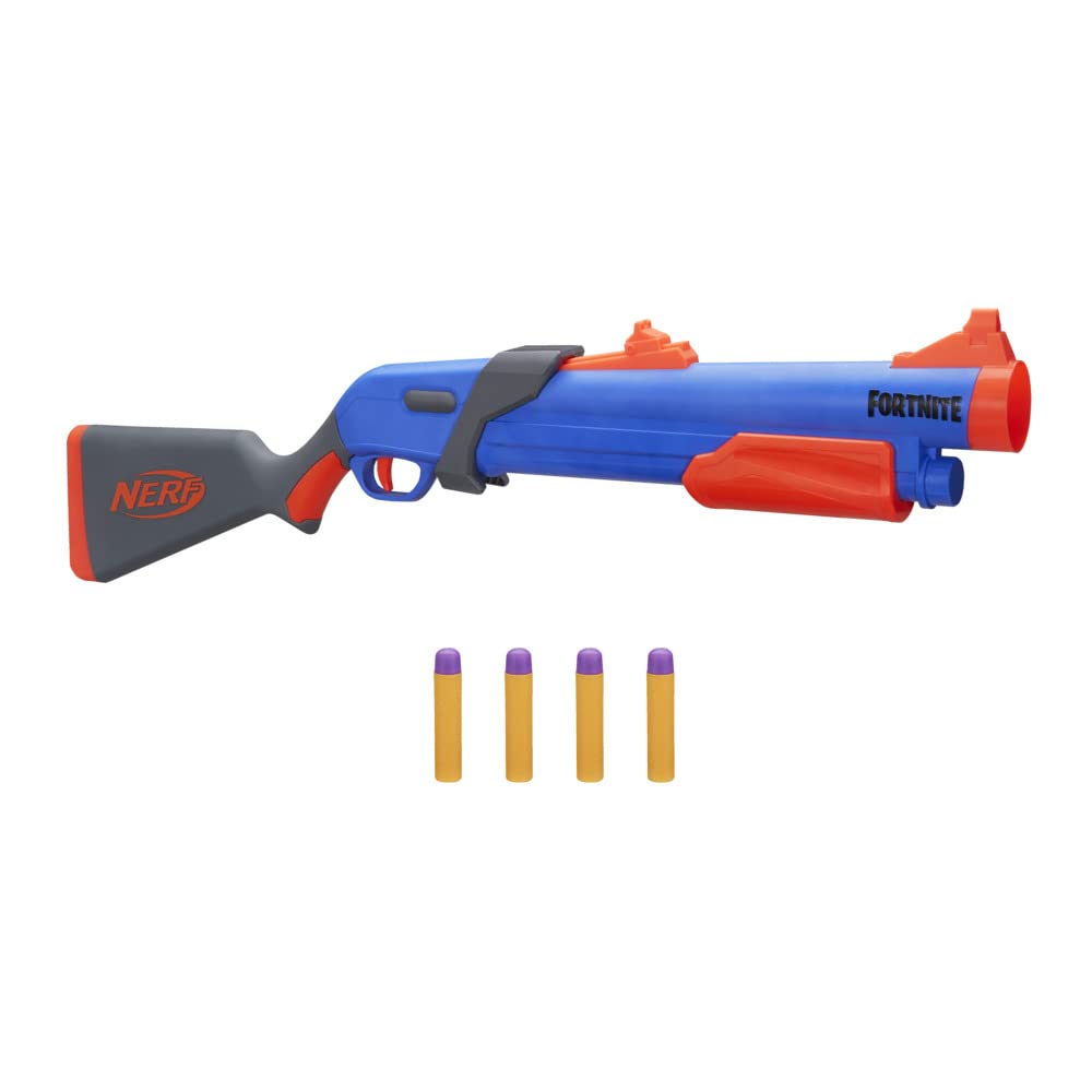 Nerf Fortnite Pump SG blaster demonstrates pump-action blasting with Mega Darts.
