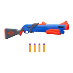 Nerf Fortnite Pump SG blaster demonstrates pump-action blasting with Mega Darts.