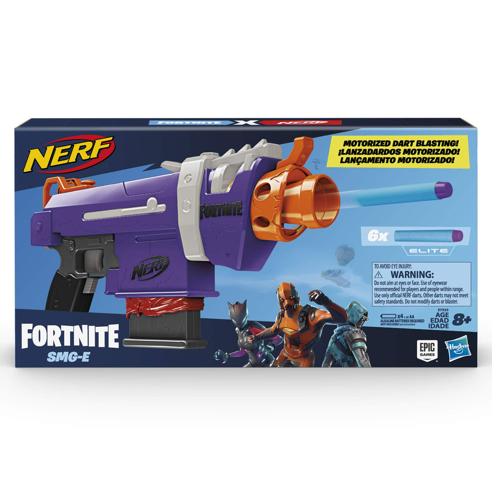 Nerf Fortnite SMG-E blaster 6-dart clip preloaded for fast reloads