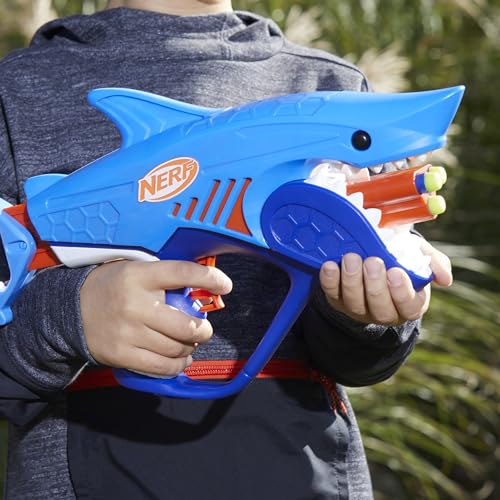 Nerf Junior Wild Sharkfire darts flying during a fast action moment.