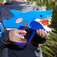Nerf Junior Wild Sharkfire darts flying during a fast action moment.