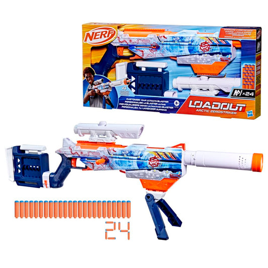 Nerf Loadout Arctic Zerostriker blaster with scope for precise aiming.