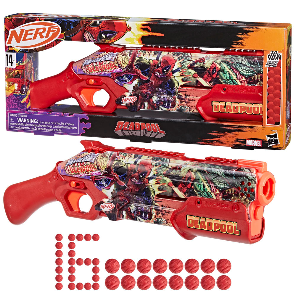 Nerf Marvel Deadpool blaster shown in action with vivid colors