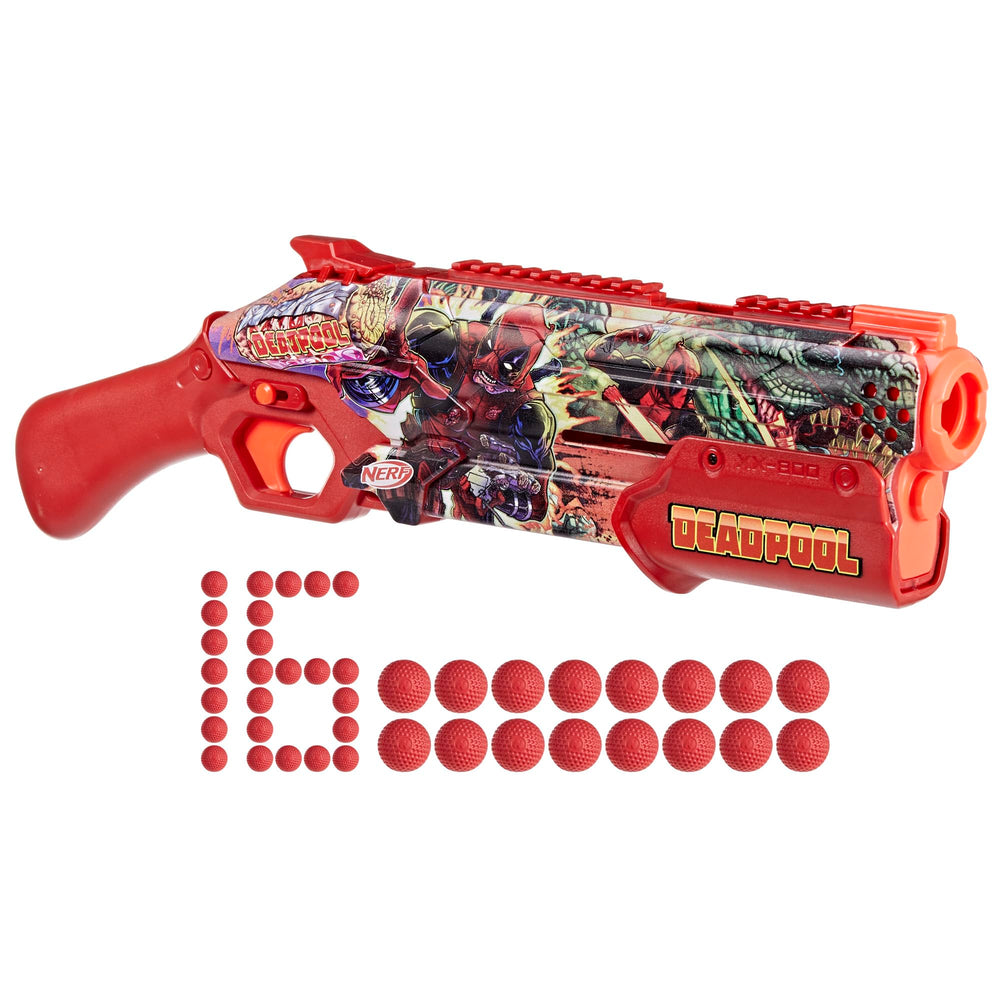 Nerf Marvel Deadpool blaster side design highlights bold Deadpool artwork for display and play
