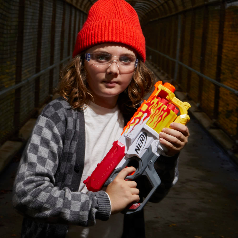 Nerf Mega CycloneShock Hotrod color detailing flames boosts visibility during play.