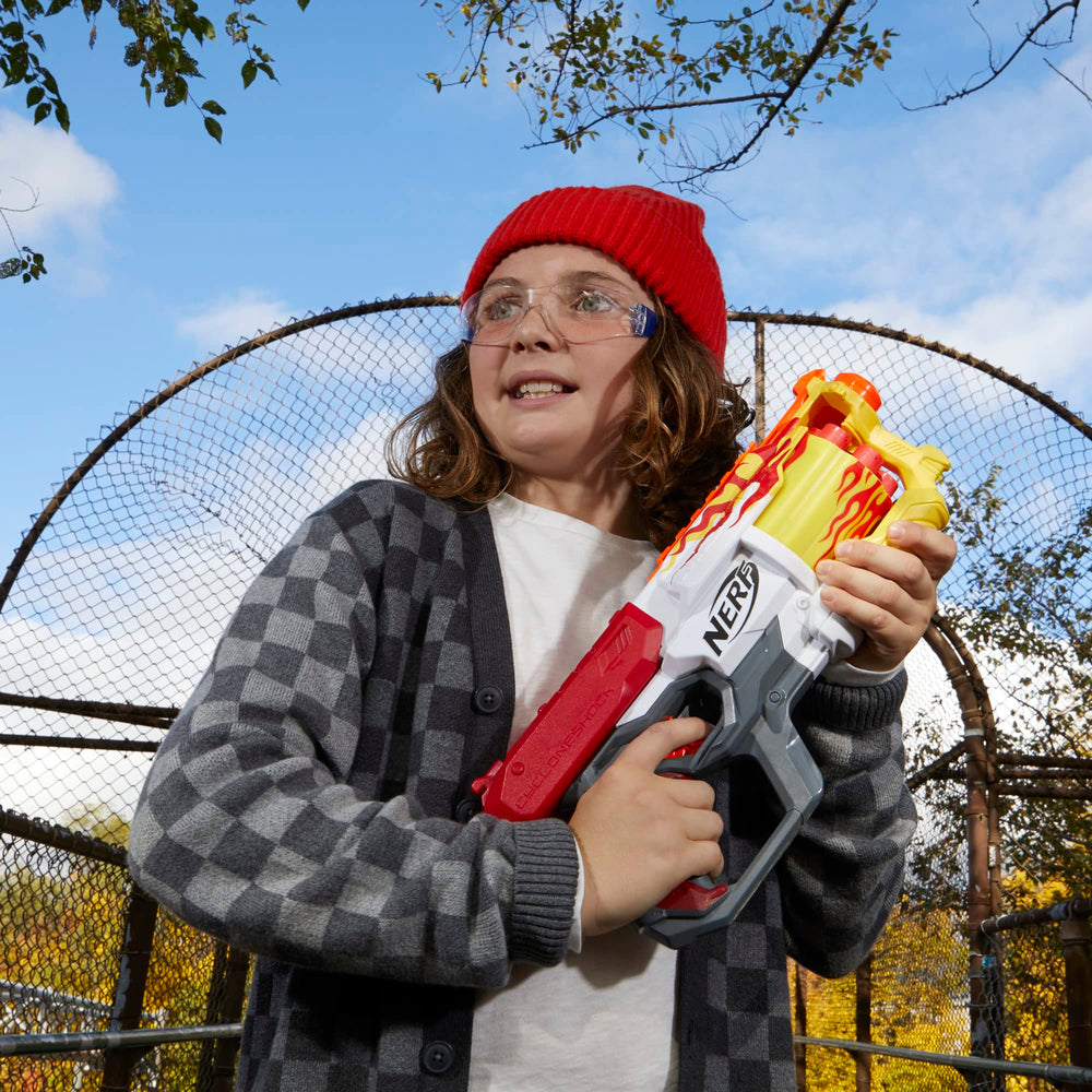 Nerf Mega CycloneShock Hotrod loading darts into the drum for rapid fire.
