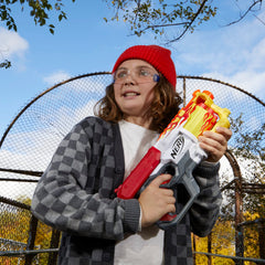 Nerf Mega CycloneShock Hotrod loading darts into the drum for rapid fire.