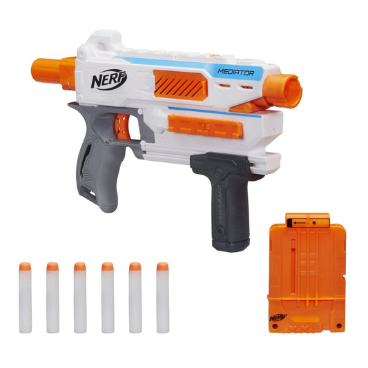 Nerf Modulus Mediator blaster ready for action with pump-action blasting.