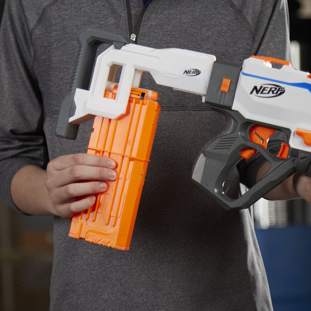 NERF Modulus Regulator stock storage shows extra clip ready for reloads.