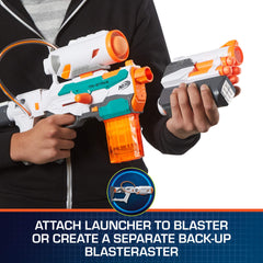 Nerf Modulus Tri-Strike elite-darts in-flight during action play.