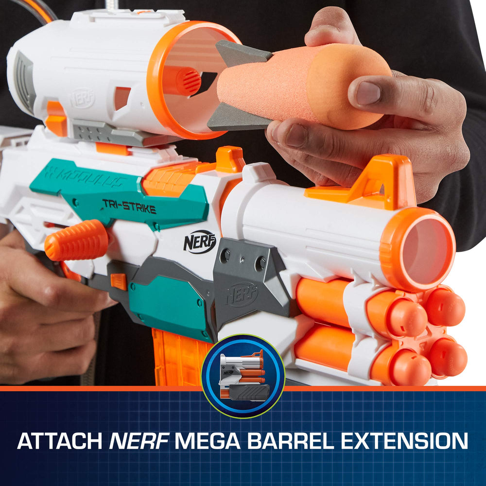 Nerf Modulus Tri-Strike mega-barrel-attachment extends play with mega-darts.