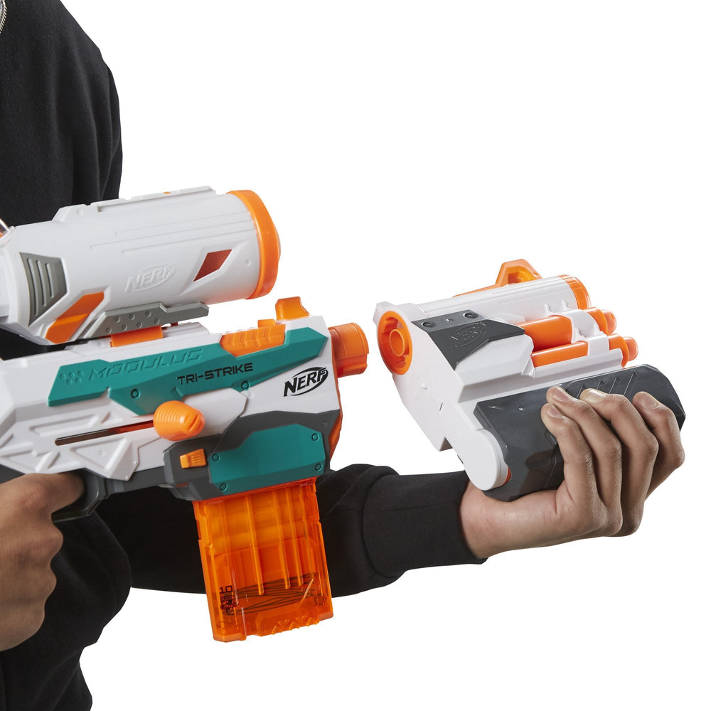 Nerf Modulus Tri-Strike rocket-launcher-combined for a larger blast setup.