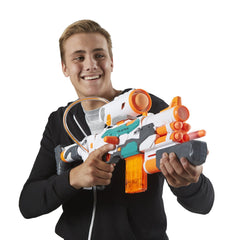 Nerf Modulus Tri-Strike rocket ready to fire from foam launcher.