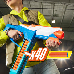 Nerf N Series Infinite Blaster's 16-dart belt storage keeps reloads nearby.