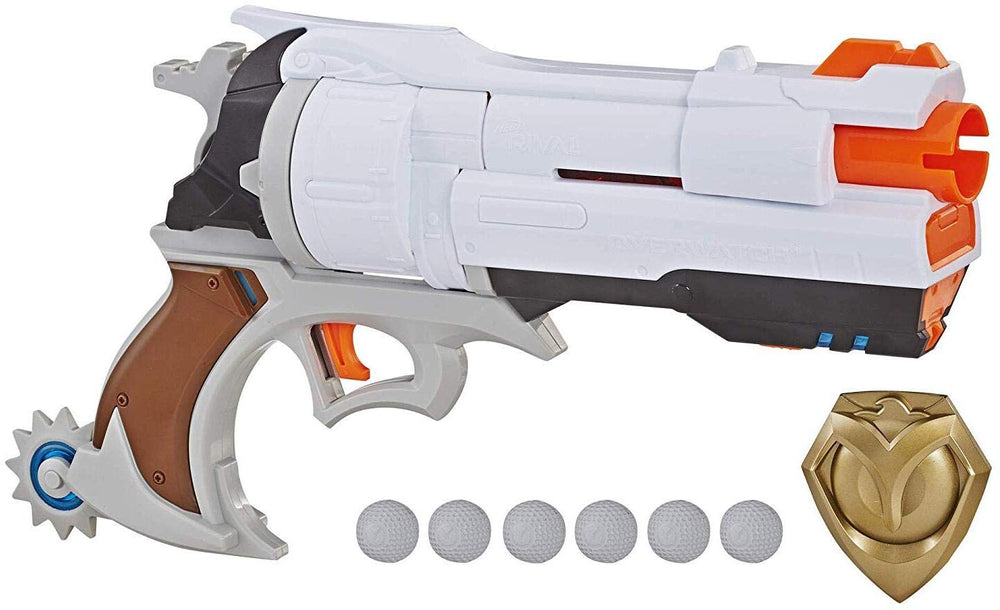 Nerf Overwatch McCree blaster with die cast badge for collectors and fans