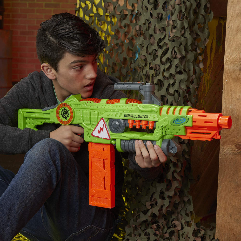 Nerf Revoltinator blaster in action with motorized firing