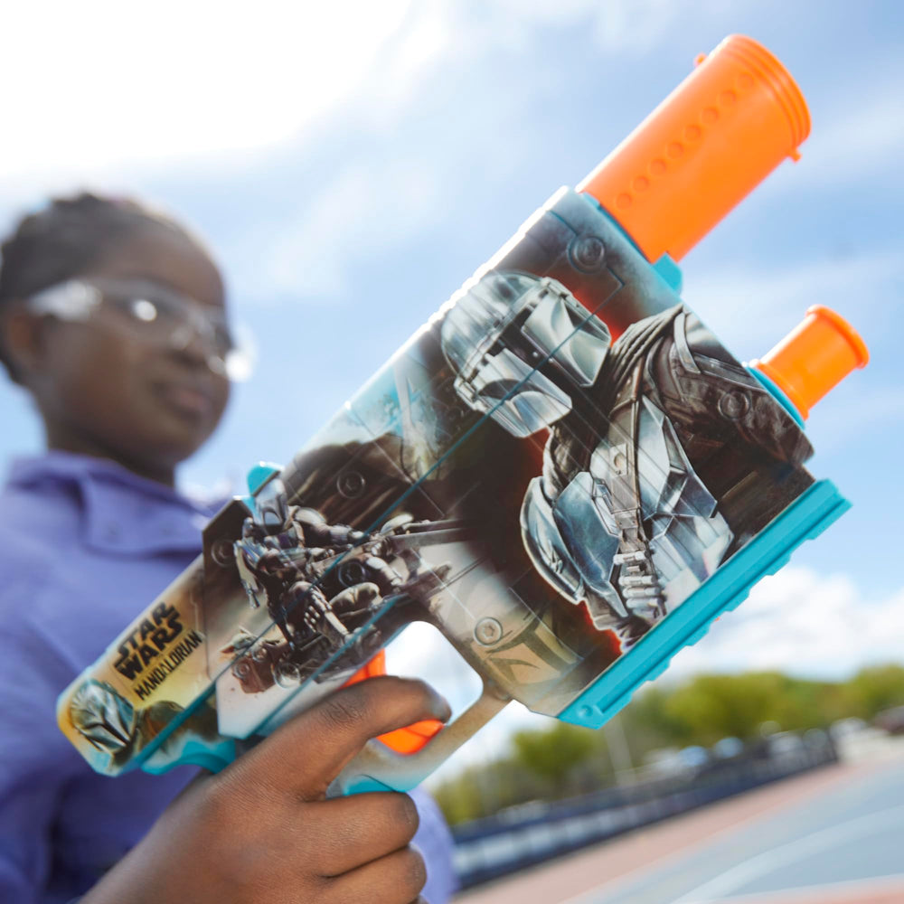 Nerf Star Wars Mandalorian blaster in a collector’s pose