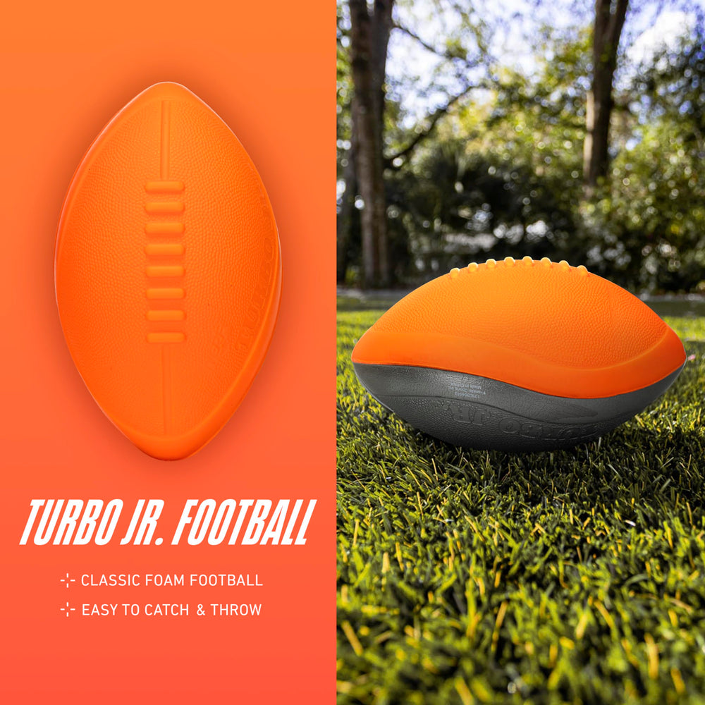 NERF Turbo Jr. foam football in motion, smooth throw for safe indoor play