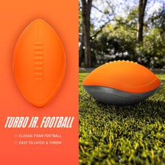 NERF Turbo Jr. foam football in motion, smooth throw for safe indoor play